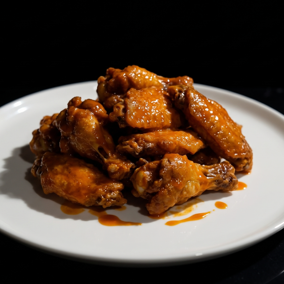 A white plate piled high with glistening, saucy chicken wings, with sauce drizzles on the plate.