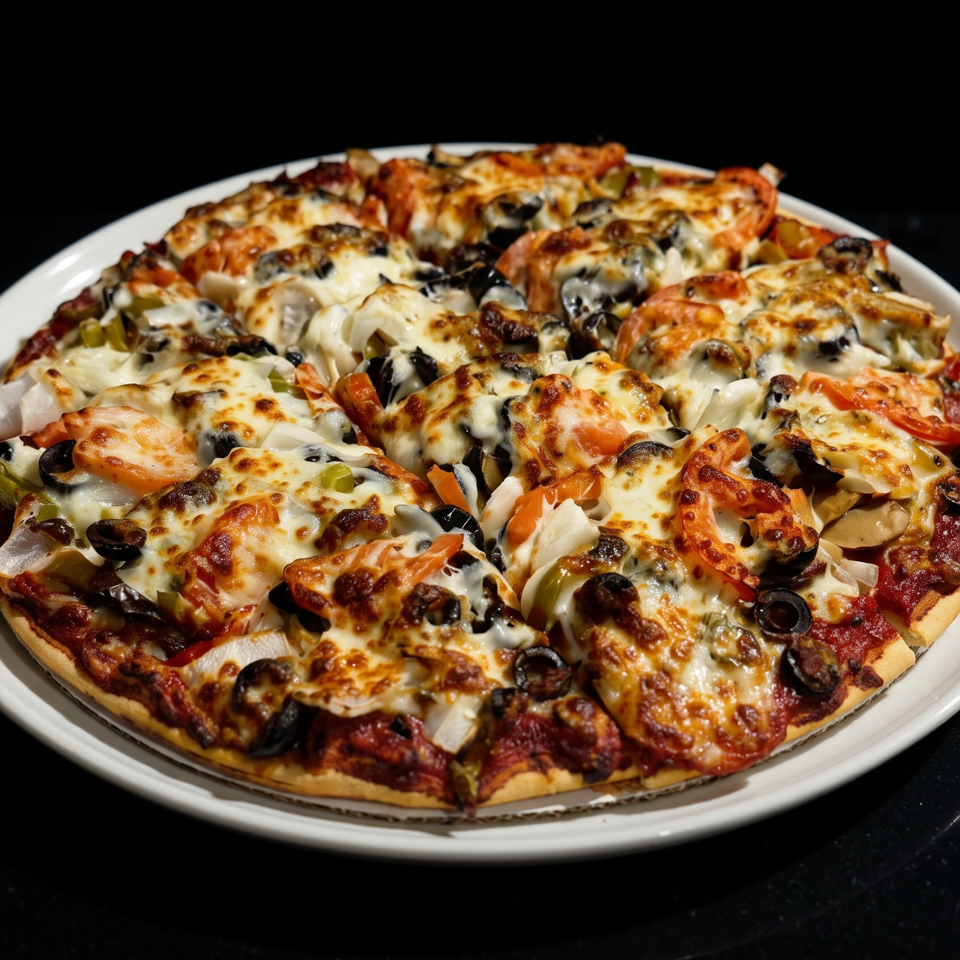 A freshly baked pizza with melted cheese, olives, onions, and tomatoes on a white plate.