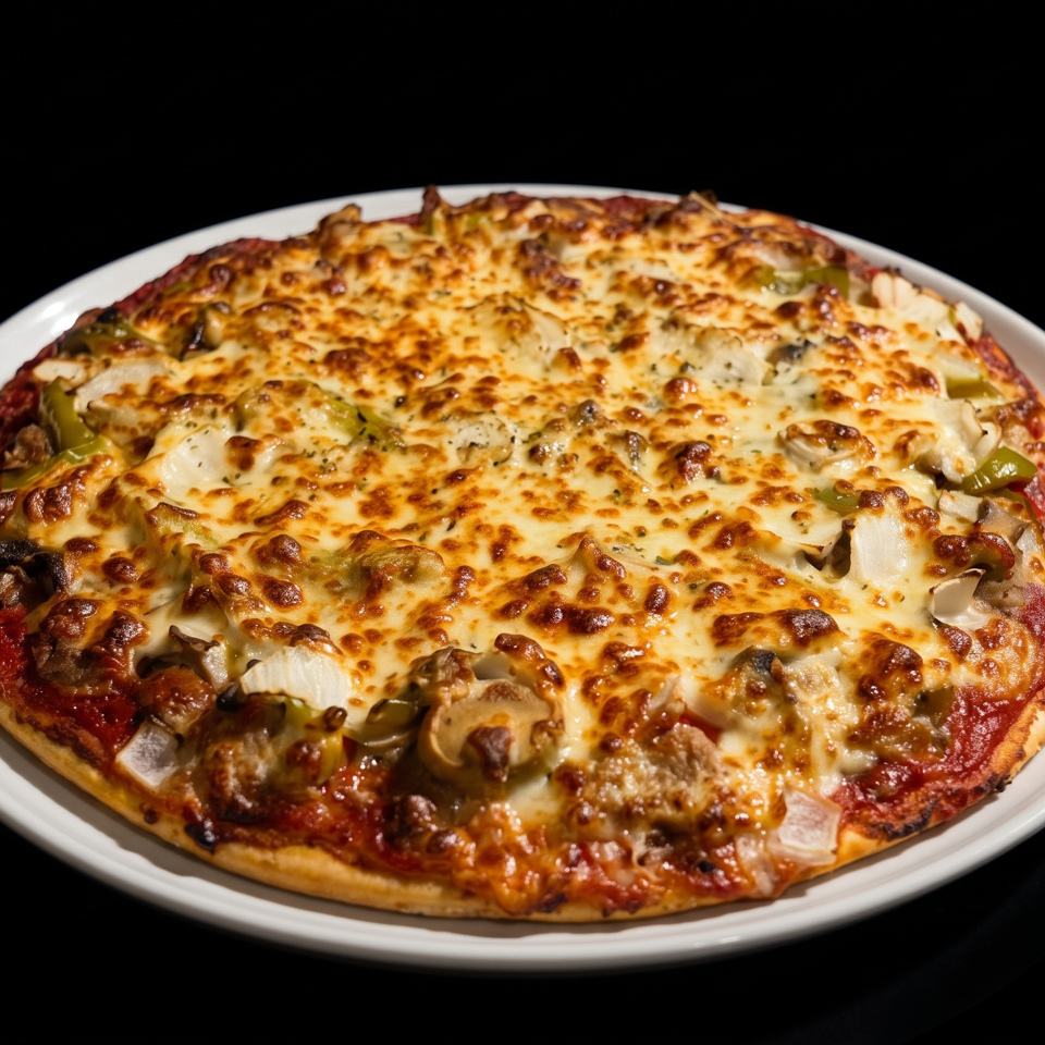 Cheesy pizza topped with mushrooms, onions, green peppers, and meat on a white plate against a black background.