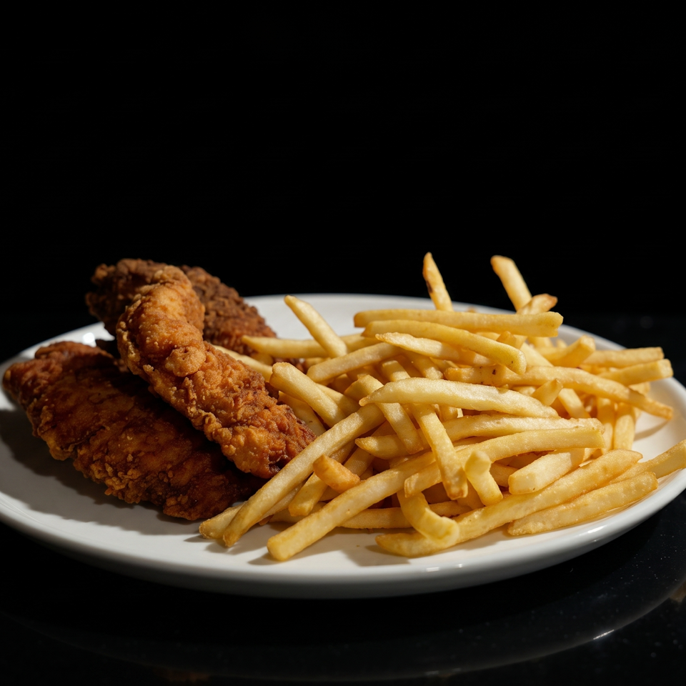 A plate of crispy fried chicken tenders and golden French fries sits on a dark tabletop.