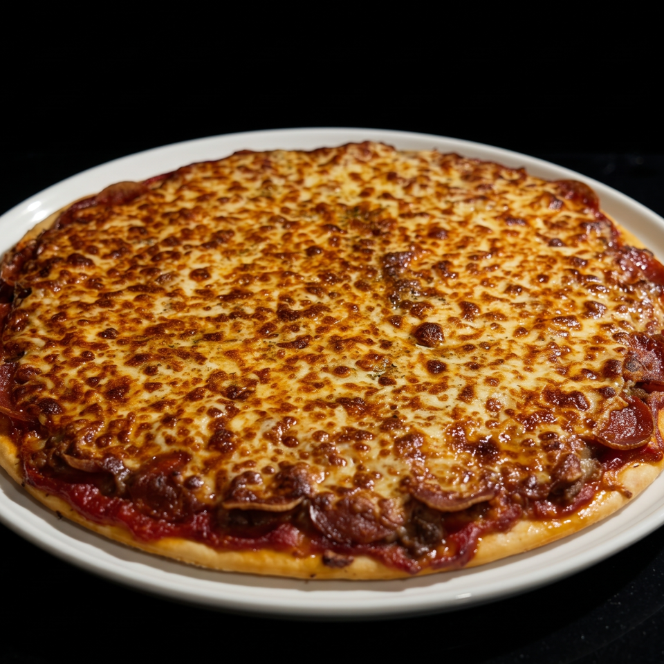A whole pepperoni pizza with melted cheese and tomato sauce on a white plate.