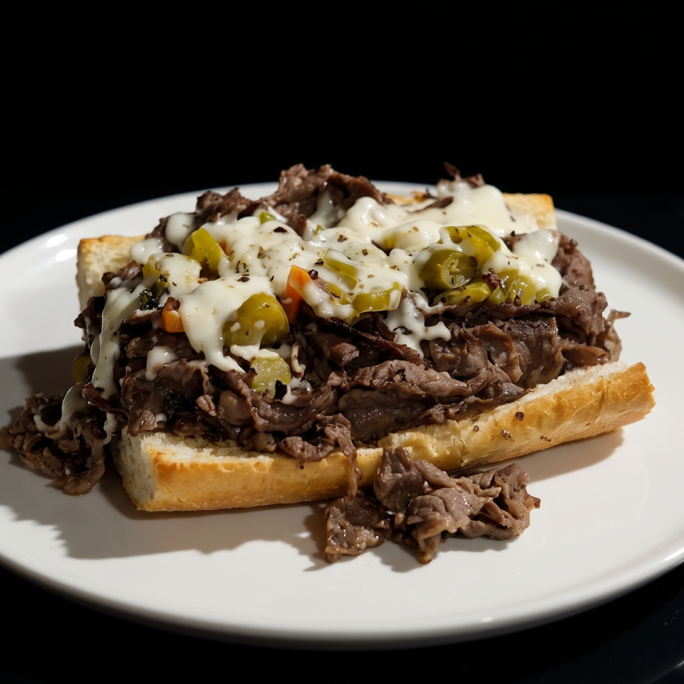 Loaded cheesesteak sandwich with sliced beef, melted cheese, and green peppers on a white plate.